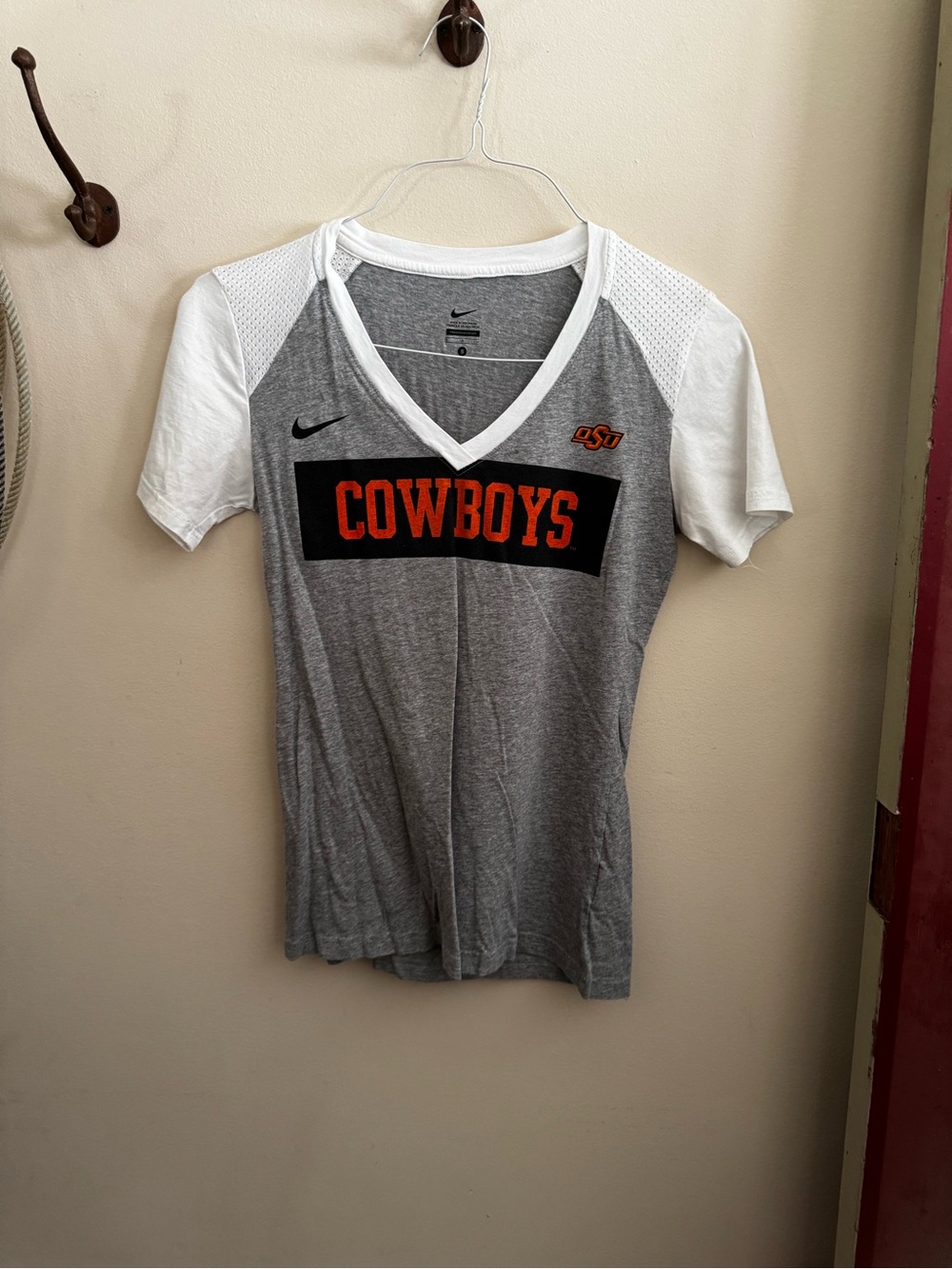 Nike Women's Gray & White OSU Cowboys V-Neck Tee with Orange Logo
